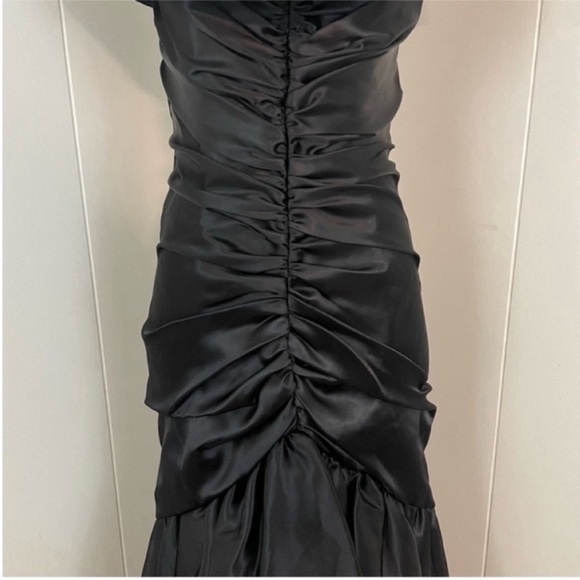 Vintage 70s 80s Trumpet Dress Women’s M V-Neck Ruched Midi Fitted - Picture 5 of 13